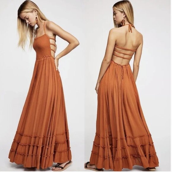 Free People Dresses & Skirts - Free People Extratropical Maxi Dress Tiered Burnt Orange Open Back Rayon Medium